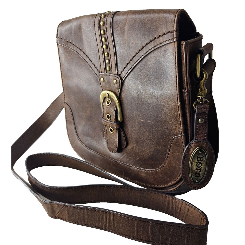BORN Studded Brown Leather Crossbody Bag, Womens Medium - Picture 4 of 11